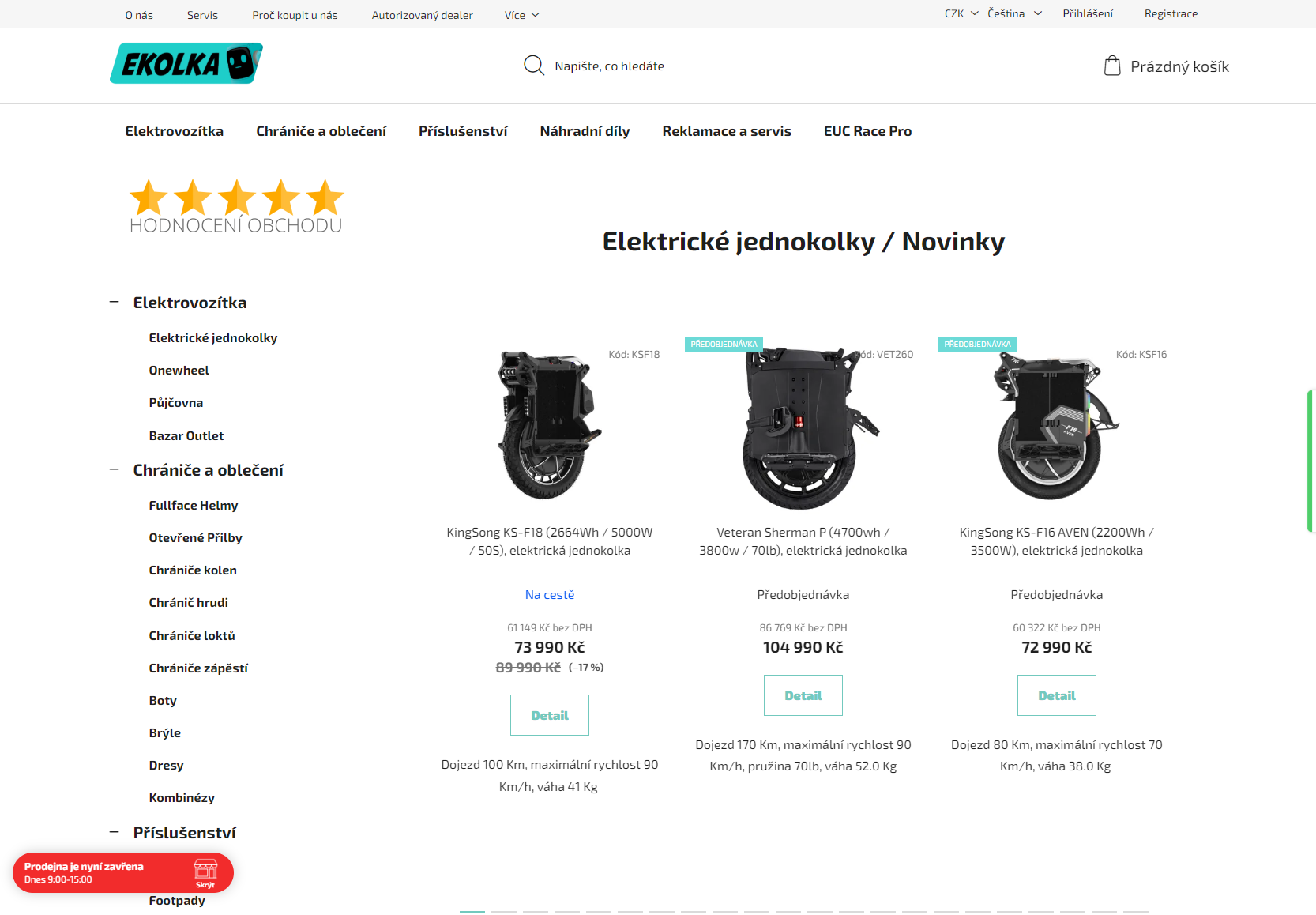 EKOLKA.CZ  – zavedený e-shop s elektrickými jednokolky, náhradními díly a servisem