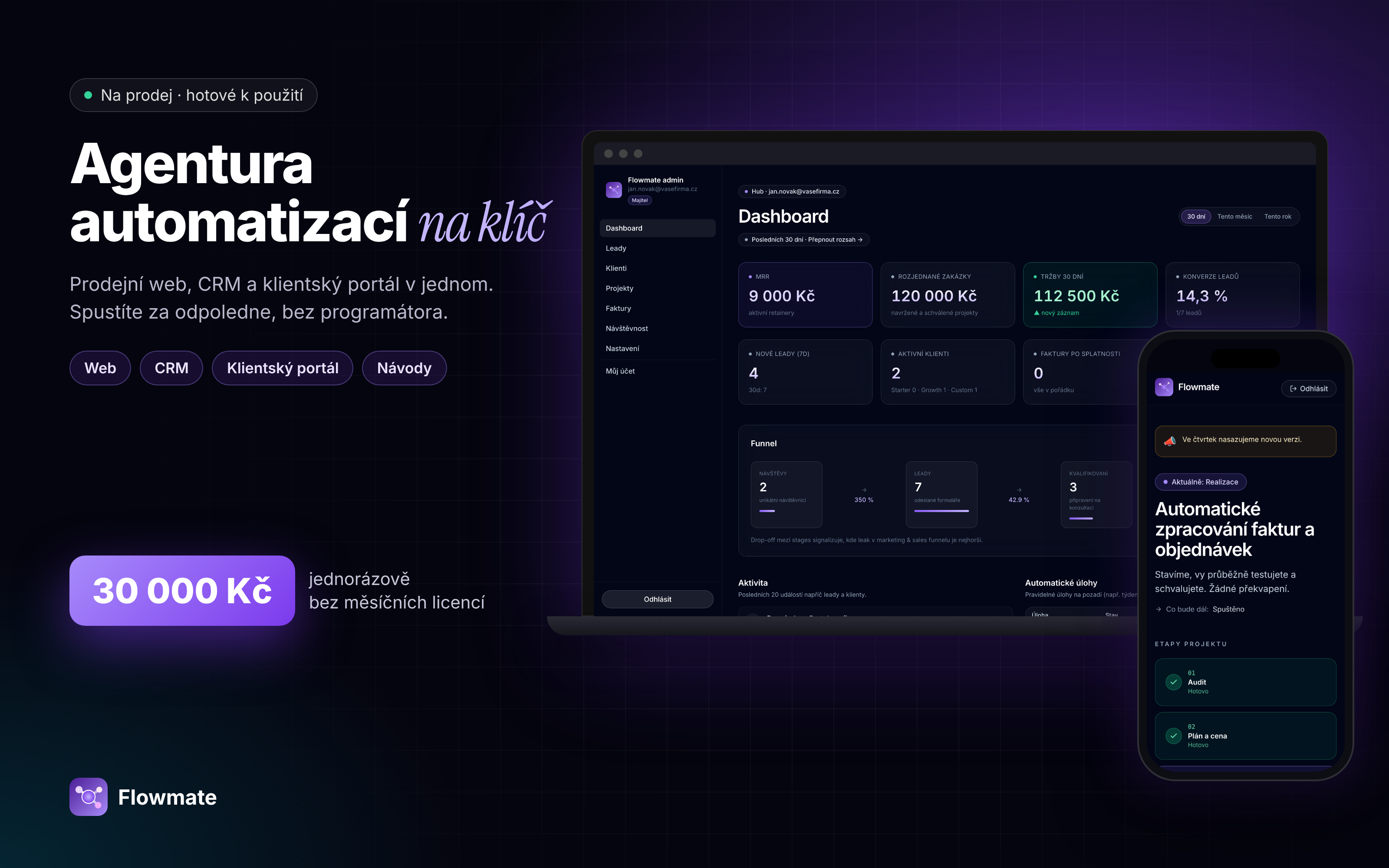 Flowmate: hotový web, CRM a klientský portál pro agenturu automatizací